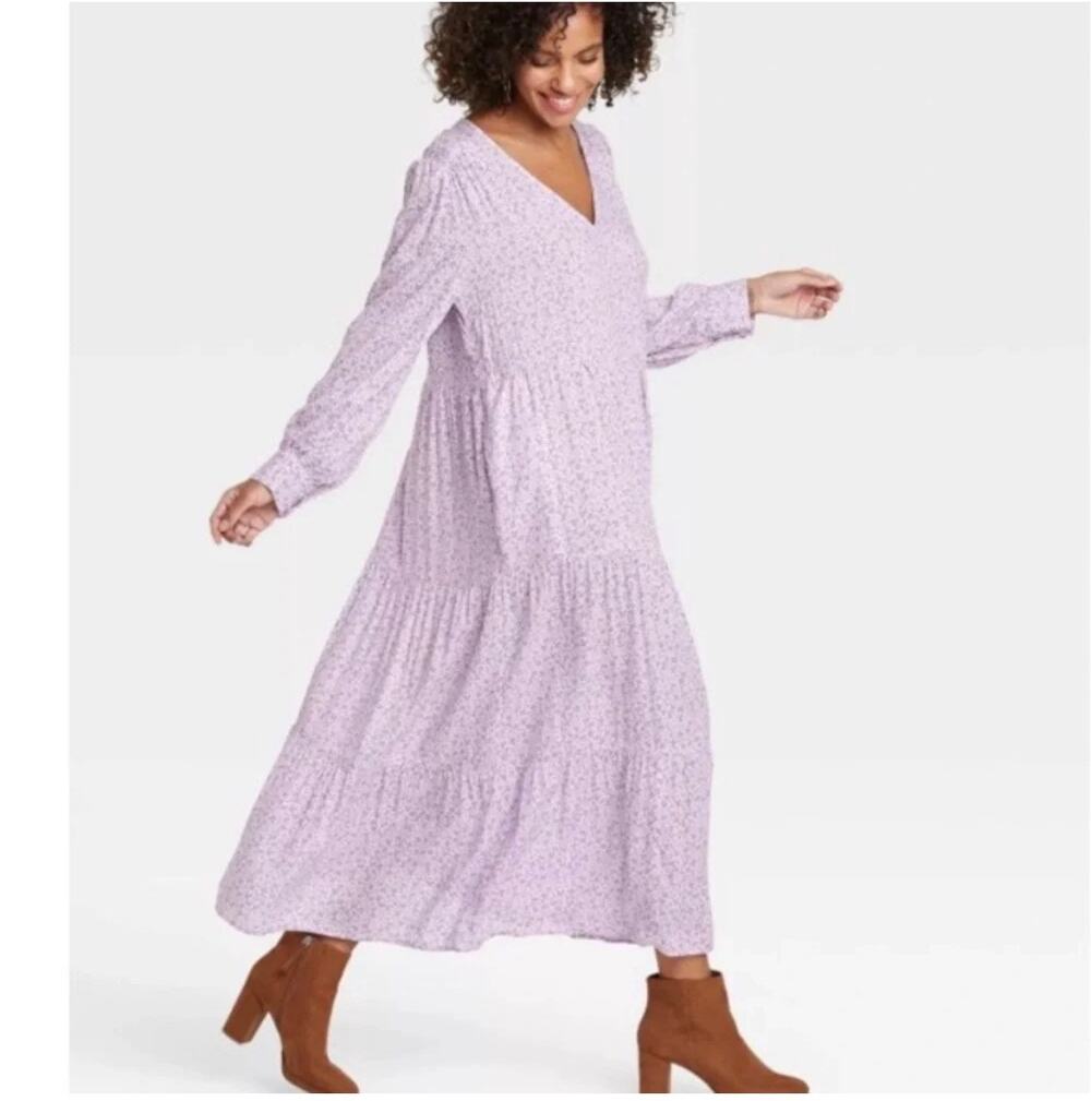A New Day Floral Lavender Maxi Long Sleeve Tiered Prairie Cottage Dress XXL